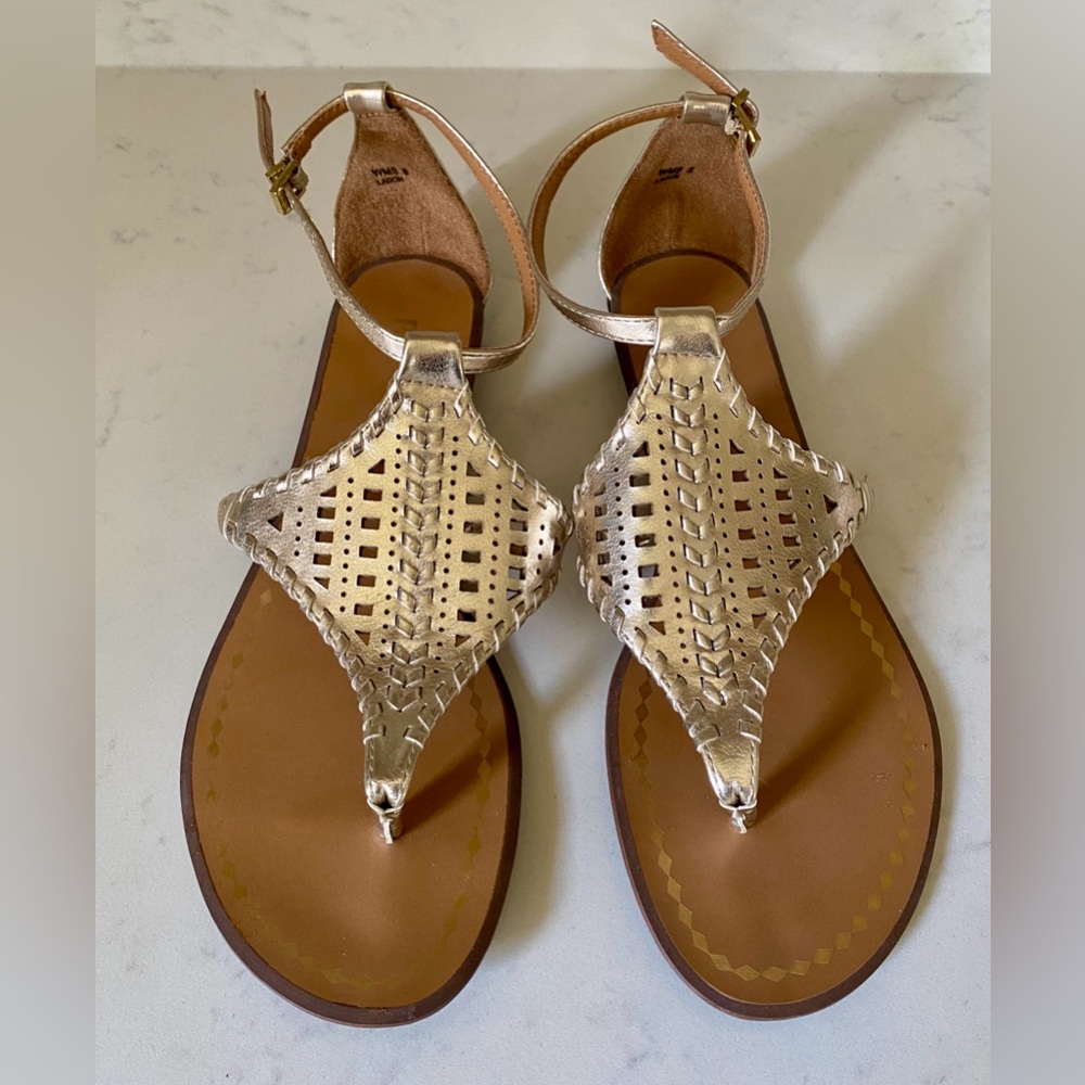 NEW Report Ladon Metallic Gold Ankle Strap Flats Vegan Leather Shoes Women’s 8